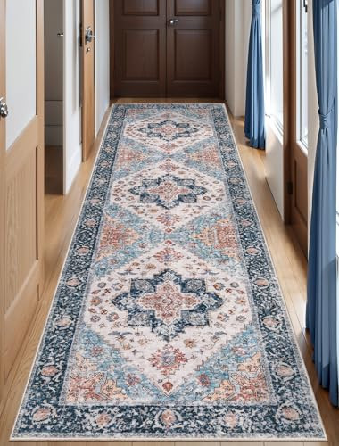 Boho Washable Non-Slip Vintage Rug 2x10 in Blue & Orange