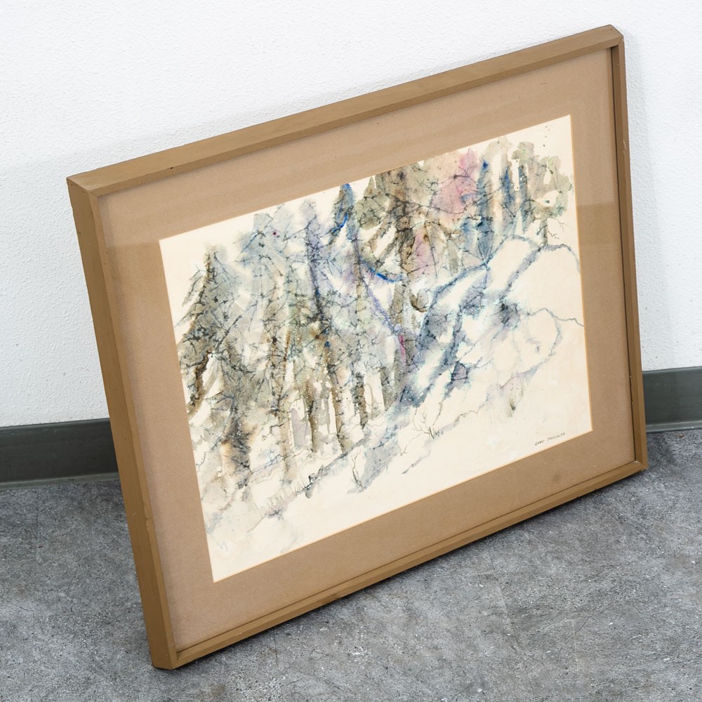 Mid Century Modern Painting Abstract Watercolor Original Art Frame Signed Forest-image