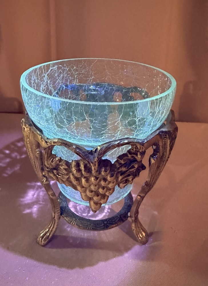 Uranium Glow Vintage Crackle Glass Bowl With Brass Pedestal Made In India 4” Dia