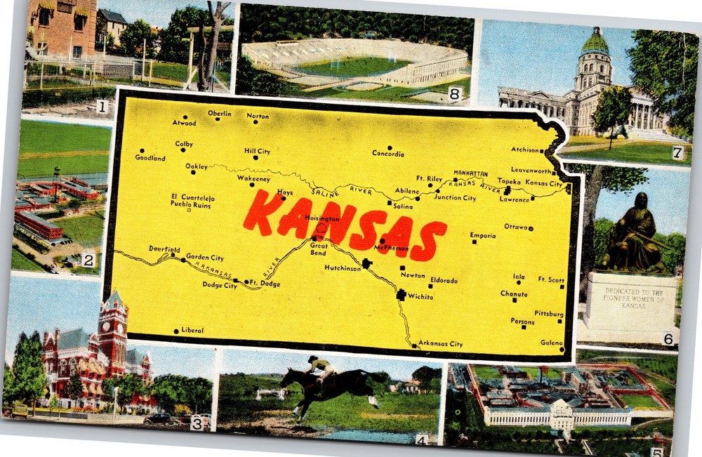 Kansas State Map~Rivers~Multi-Views~Key To Views On Back~Vintage Linen Postcard