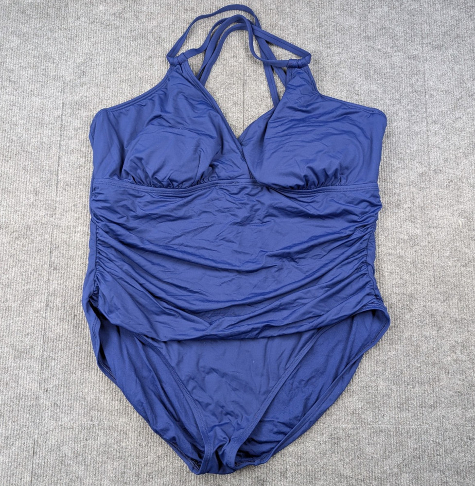 La Blanca One Piece Swimsuit Womens 22W Ruched Wrap Resort Beach Blue Slimming