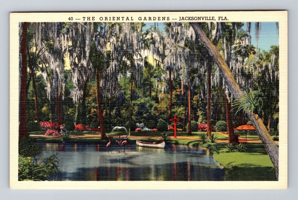 Jacksonville FL- Florida, Scenic Lake, Oriental Gardens, Vintage Postcard
