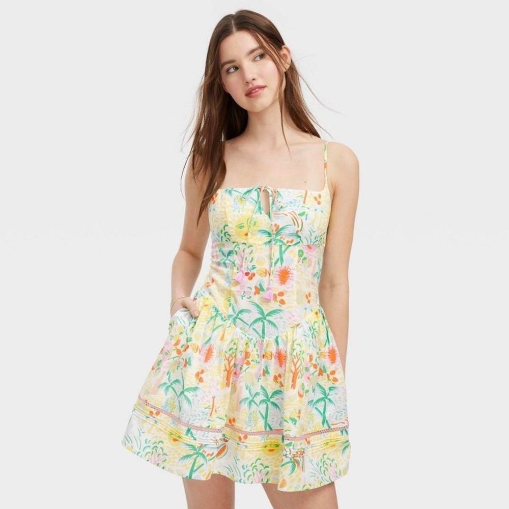 Women's Roller Rabbit Mini Smocked Dress White Tropical Print Size XS