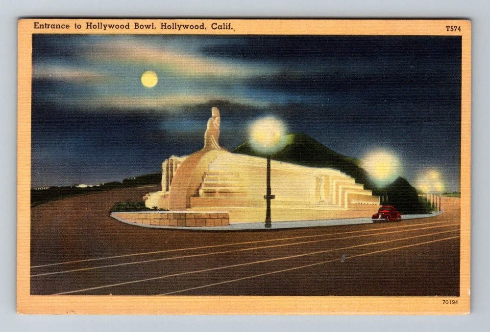 Hollywood, CA-California, Hollywood Bowl Entrance Night Vintage c1948 Postcard