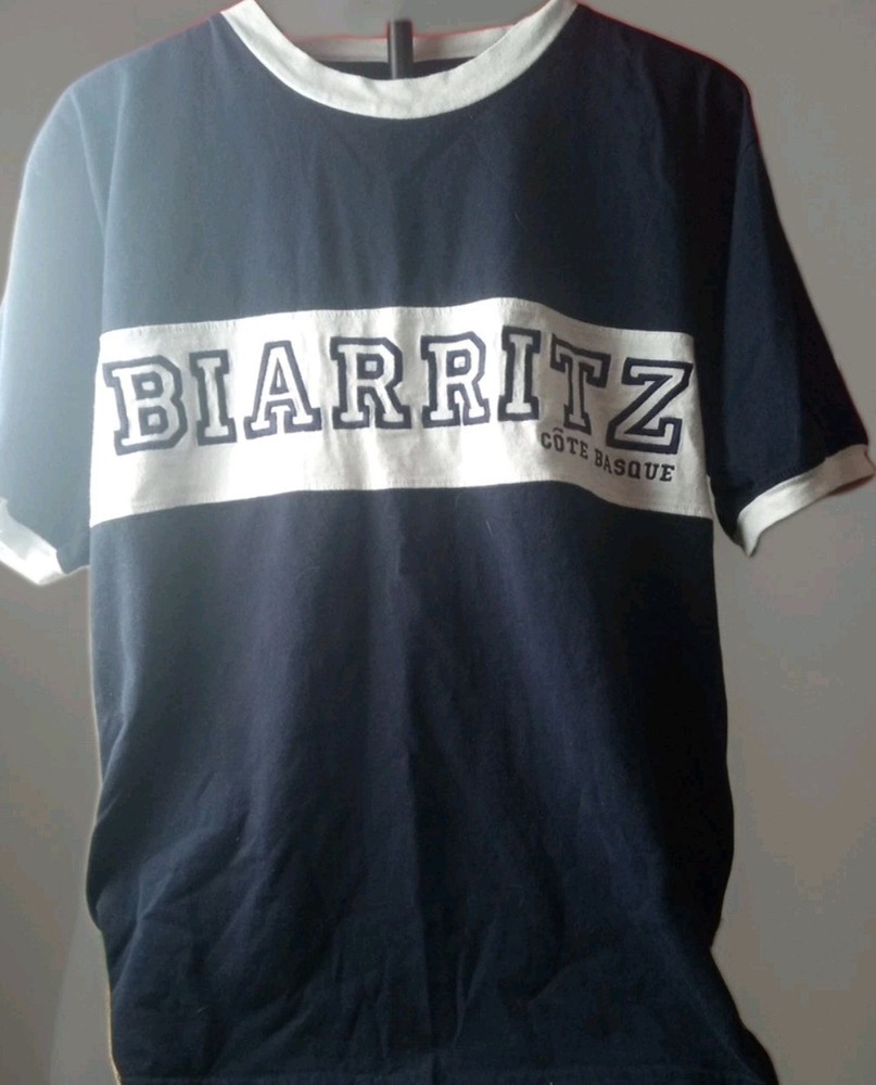 Vtg XL biarritz France cote basque Navy Blue White t shirt Rayar