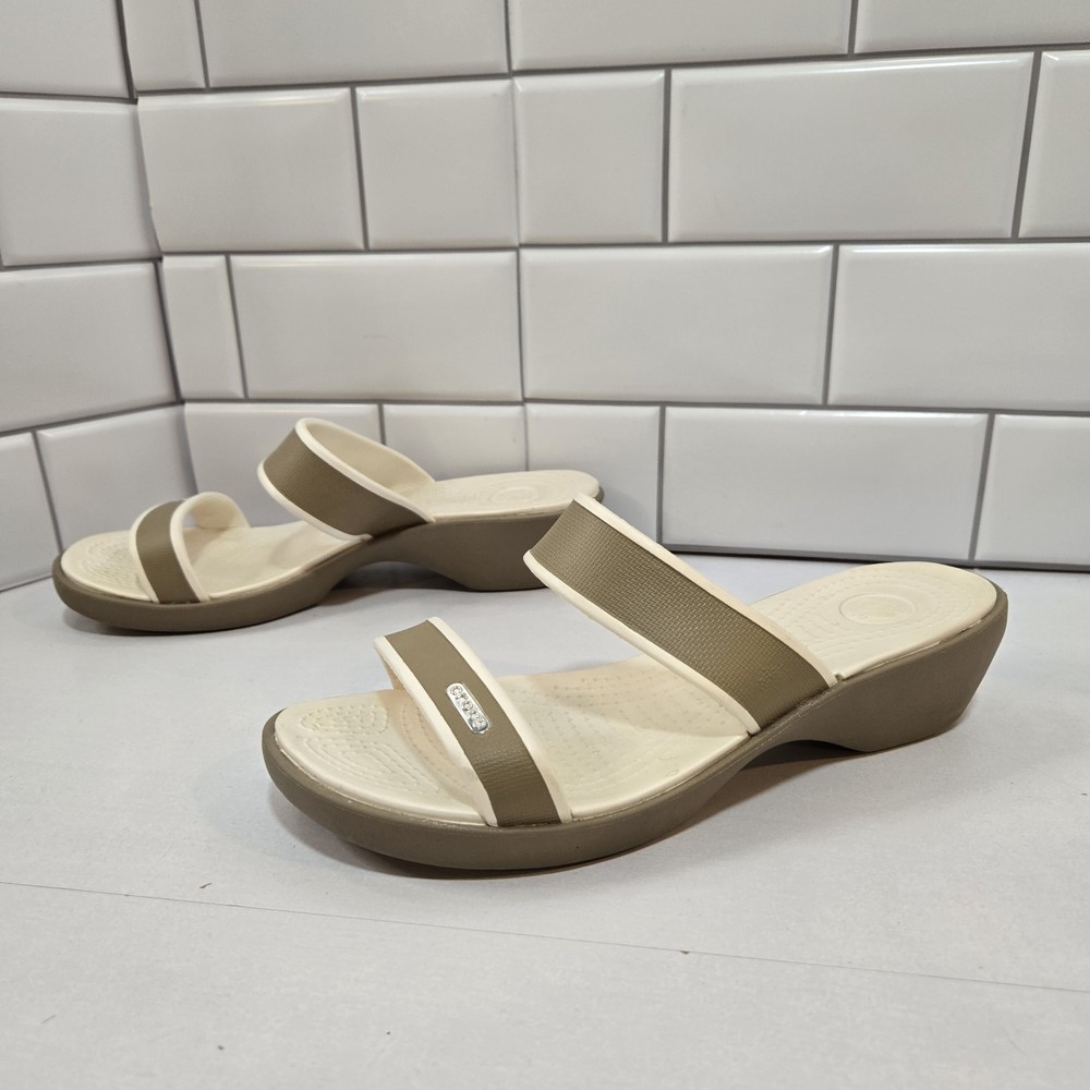 Crocs Shima Wedge Sandals for Women Size 8 Beige White Two-Strap Slides