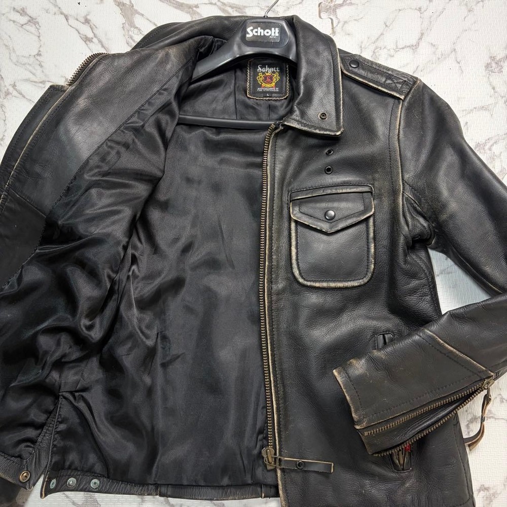 SCHOTT Mens Policeman Leather Riders Jacket Black Aged Vintage Size L Authentic