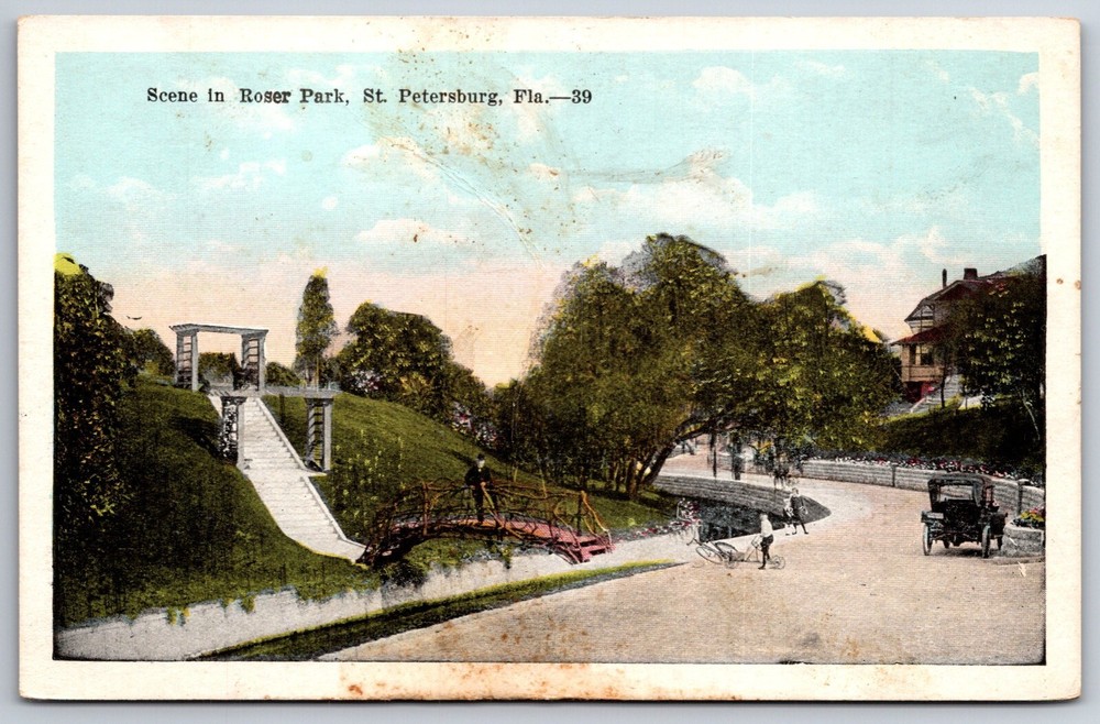 St Petersburg Florida~Drive & Bridge Scene In Roser Park~EC Kropp Vtg Postcard