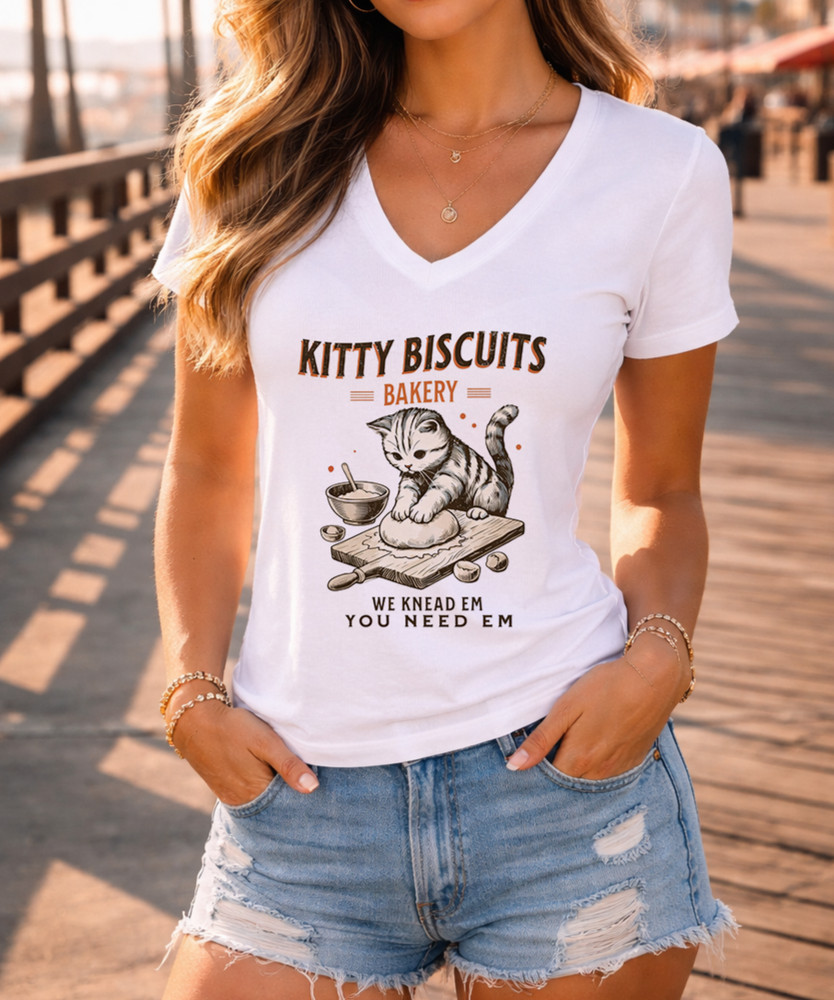 Women’s funny  Graphic V-Neck T-Shirt Kitty Biscuit    Tee Casual Trendy Fashion