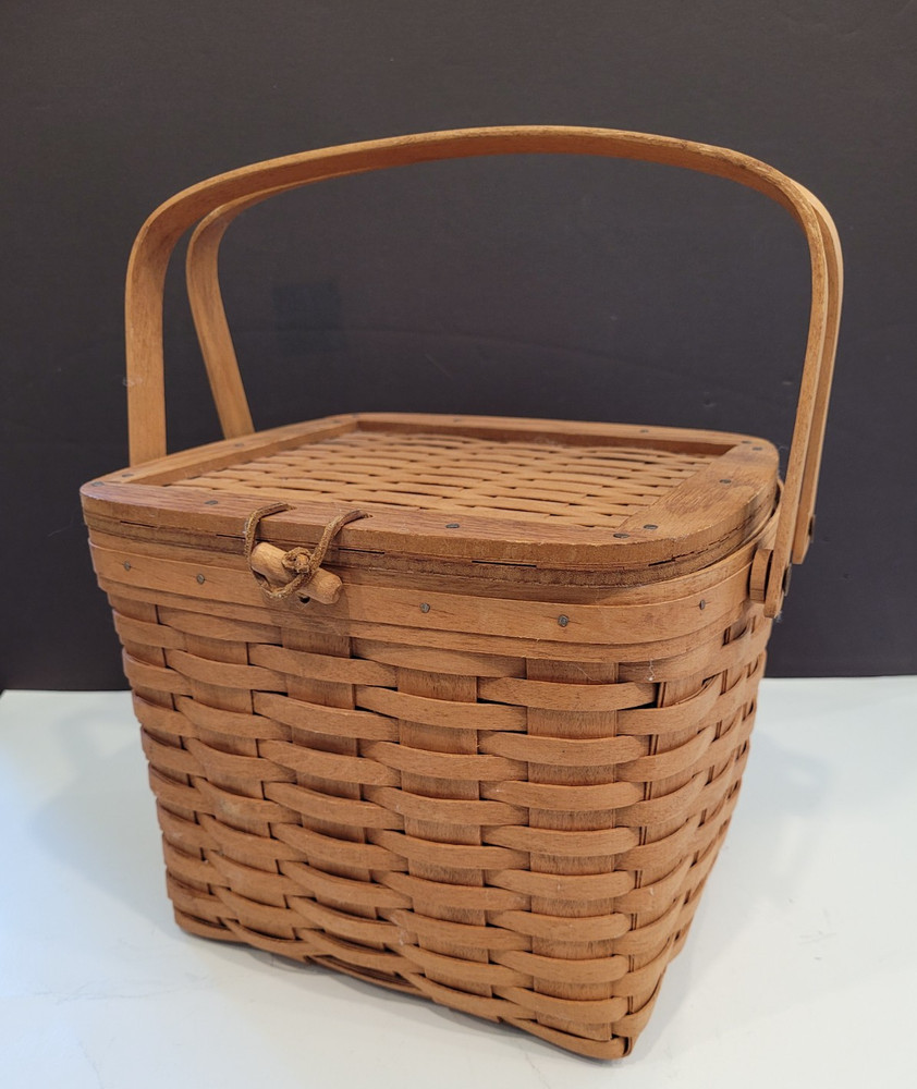 VTG 1990 Longaberger Picnic Basket Swing Handles Leather Hinges