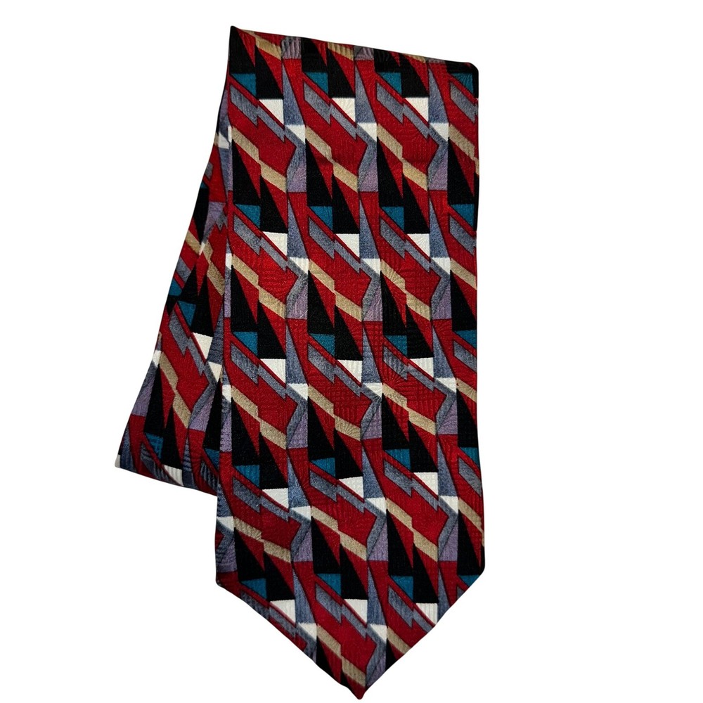 Martin Wong Napa CA Mens Silk Geometric Abstract Necktie Red Black Grey USA Made