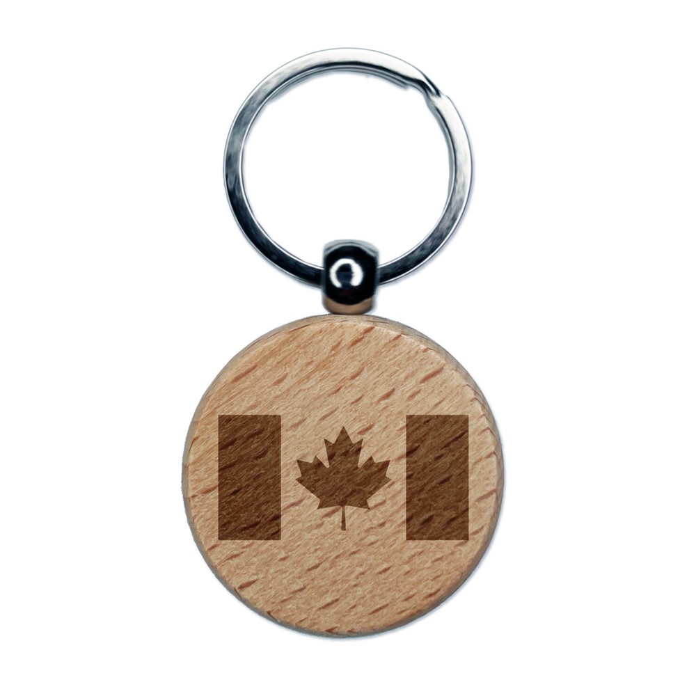 Canada Flag Engraved Wood Round Keychain Tag Charm