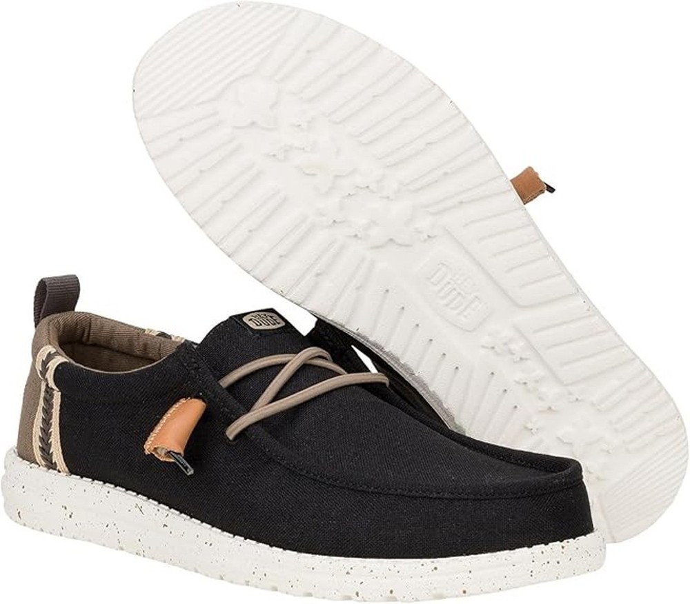 Hey Dude Men's Wally Summer Linen Black/Walnut Loafer Shoes