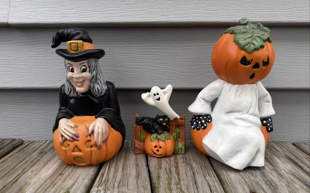 Lot Of 3 Vintage Ceramic Halloween Decor Figurines Witch Jack-O-Lantern Ghost