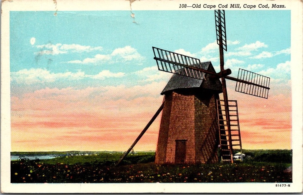 Old Cape Cod Mill Chatham MA Linen Postcard 1936 Vintage Windmill
