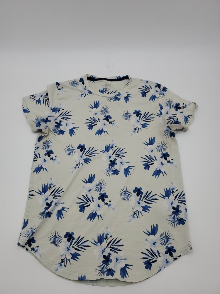 Hollister Curved Hem Tee Small Logo Mens Beige Blue Flower Floral shirt..#42829
