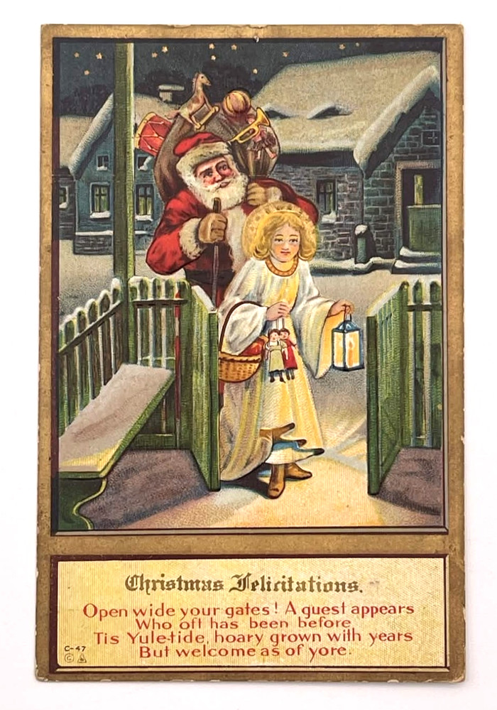 Antique Christmas Santa Child Lantern Snow Scene Antique Postcard