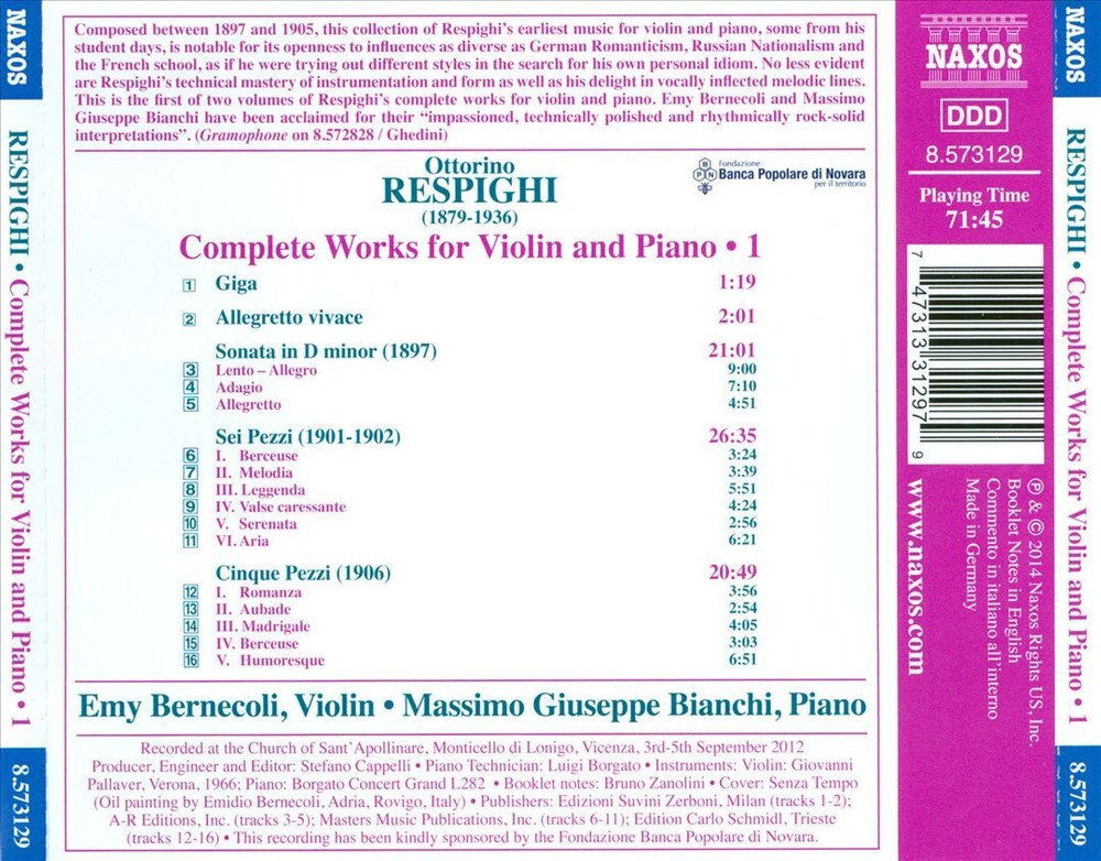 Respighi Complete Violin & Piano Works 1 CD 2014 Bernecoli Bianchi