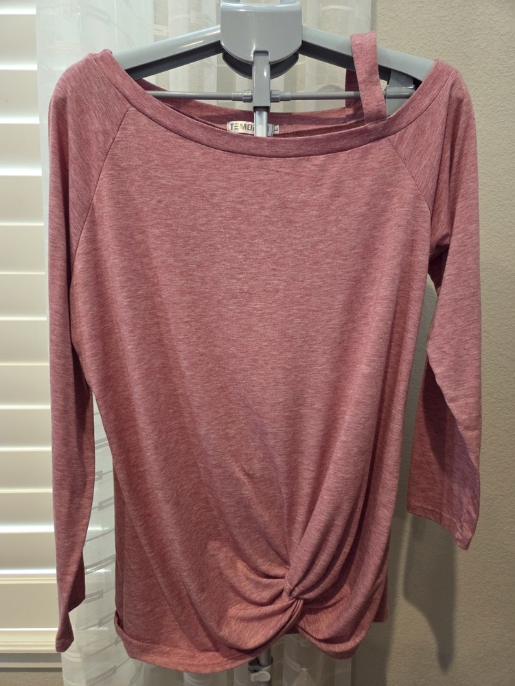 TEMOFON Tunic Blouse Women's Sz Large Twist Knot Cold Shoulder Long Sleeve Pink