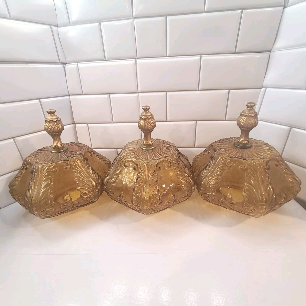 3 Amber Glass Hexagon Flush Mount Ceiling Light Cover 8x8.5 with 3.25-Inch Finial