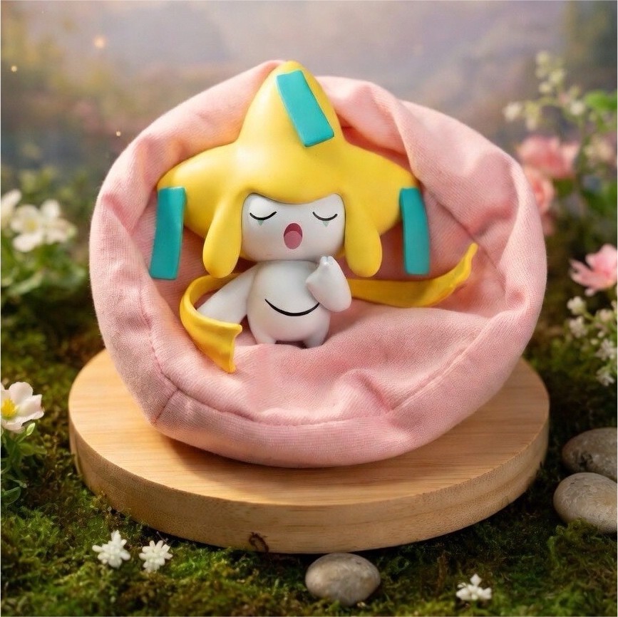 Pokémon Jirachi Collectible Figure in Pink Cushion Display Anime Fantasy sleep