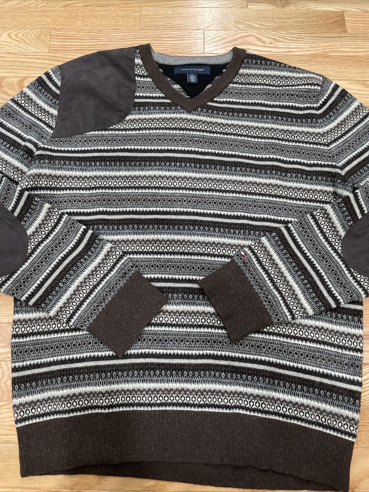 Tommy Hilfiger Mens Pullover X- Large  Brown Crew Neck Sweater Elbow Patch
