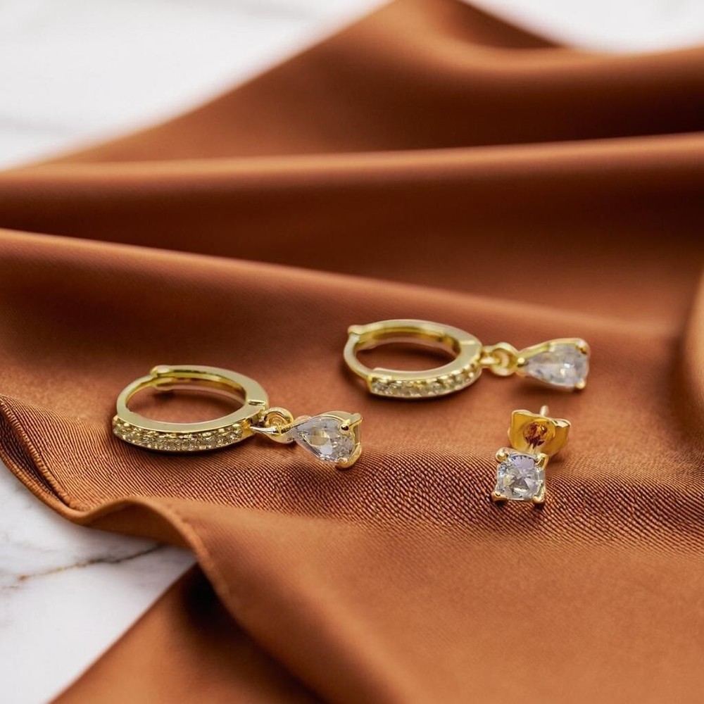 Gold Teardrop Cubic Zirconia Earrings Set for Women, Elegant 3 Piece Dainty Jewelry