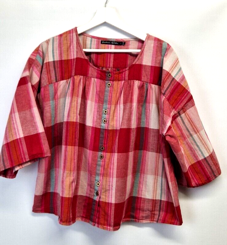 Gudrun Sjoden plaid Short Sleeve Cotton Linen Button Up Crop Top Large red 17