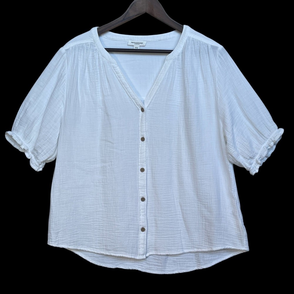 beachlunchlounge White Cotton Gauze Button Front Puff Sleeve Top LST6009 Medium