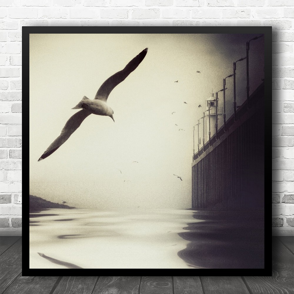 Sea Pier Seagull Bird Lighthouse Sky Marine Mist Mood Yellow Square Print