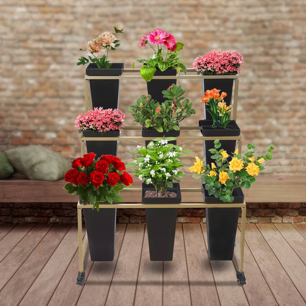 Floor Standing 3-tier Flower Holder Flower Display Stand With 9 Buckets & Wheel