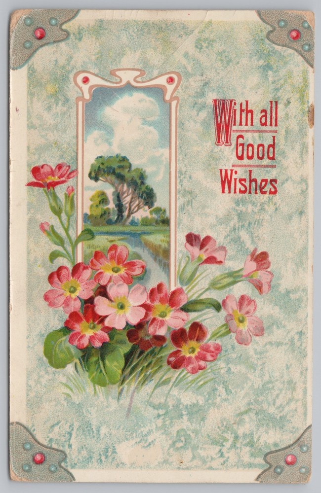 Greetings~Pink Flowers & River View All Good Wishes~Vintage Postcard