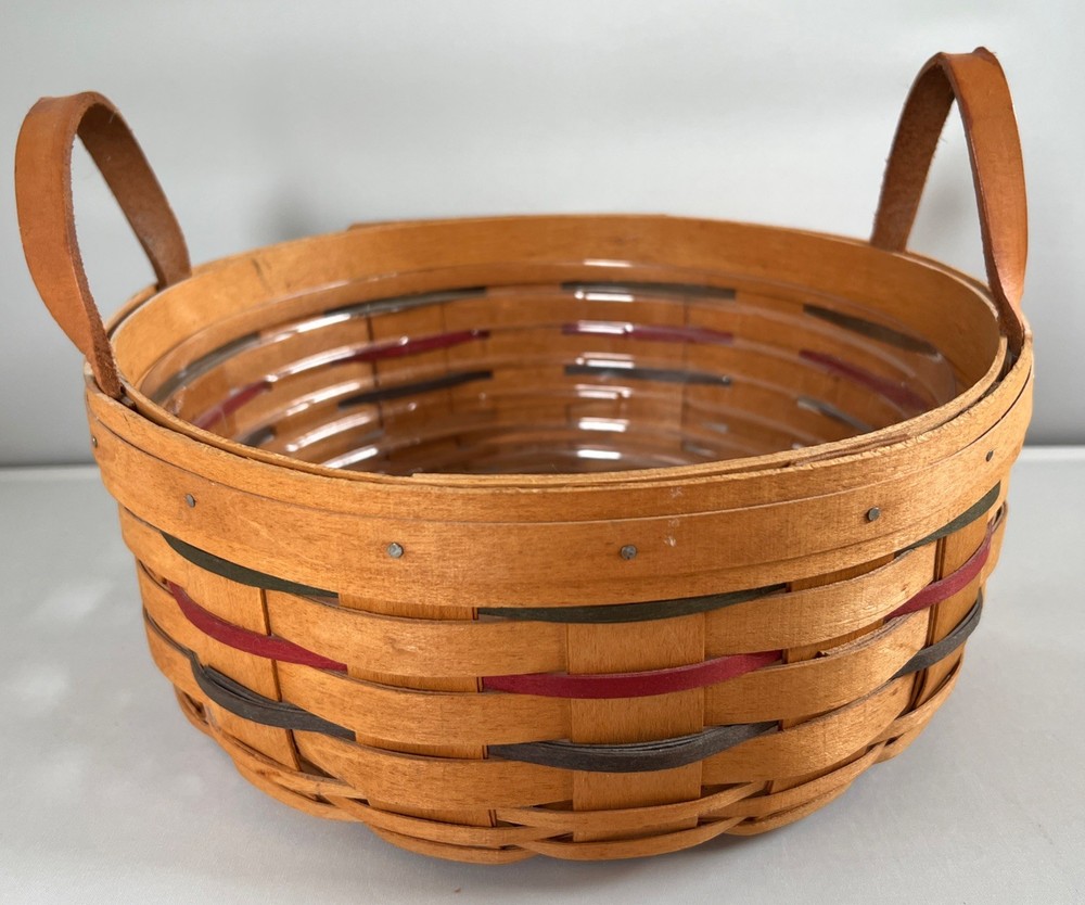 Round Longaberger Darning Basket, Protector 1995 Leather Handles 9 1/2”