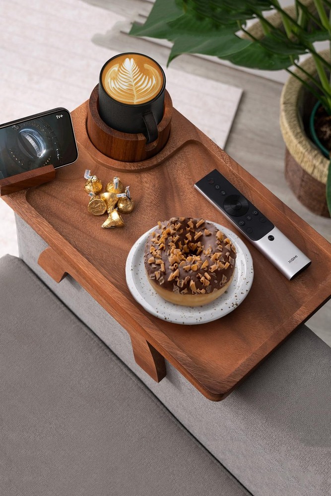 Acacia Wood Sofa Arm Tray with Cup Holder and Snack Tray for Couch-image