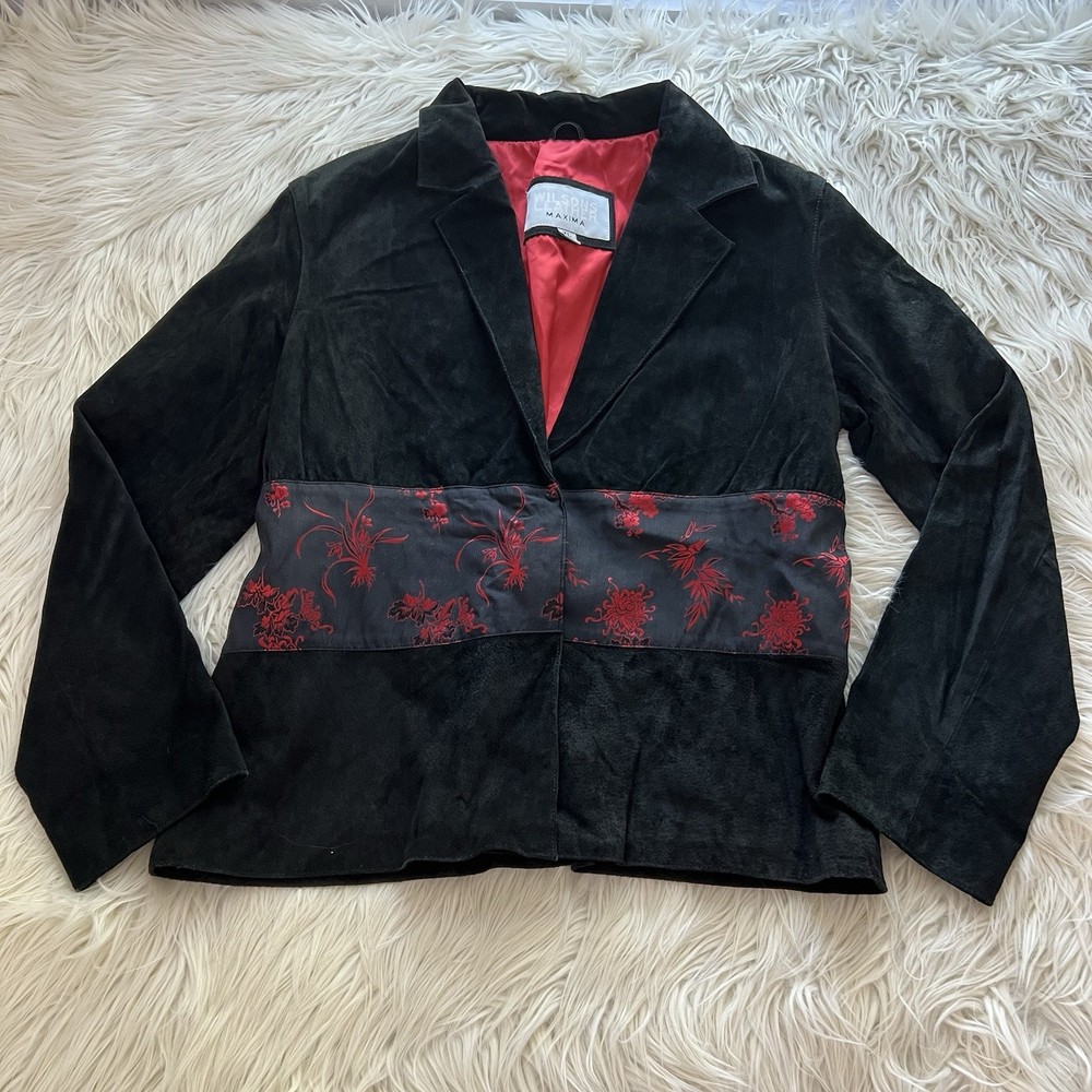 Vintage 90s Y2K Wilson Leather Maxima Suede Jacket Black Red Oriental Goth XL