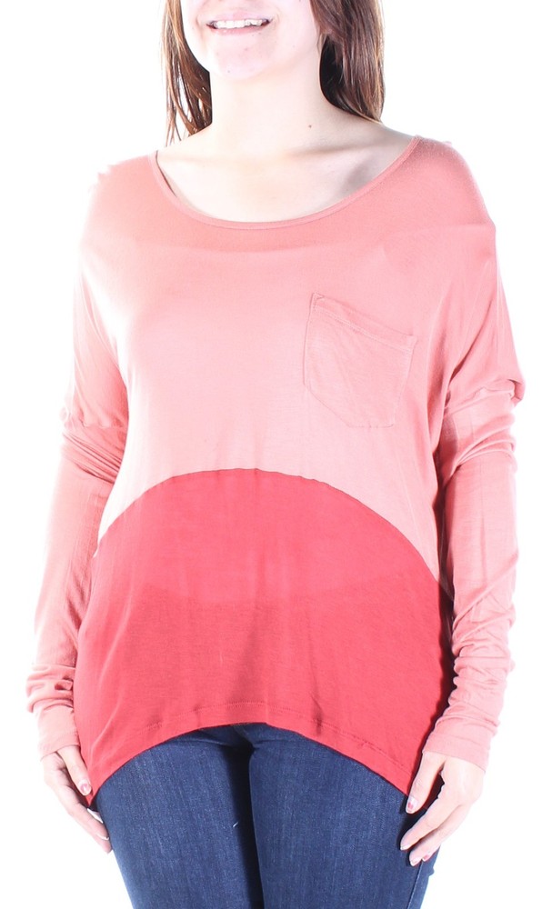 Kensie womens coral sheer color block long sleeve scoop neck top size small