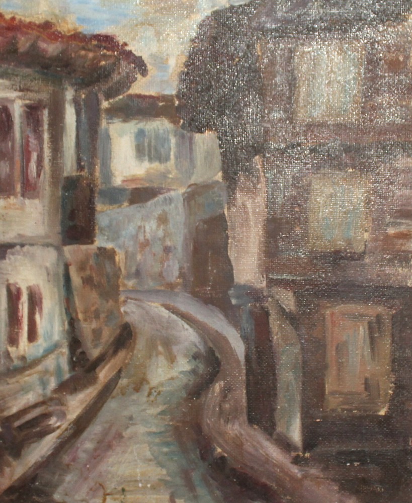 Vintage expressionist oil painting cityscape signed