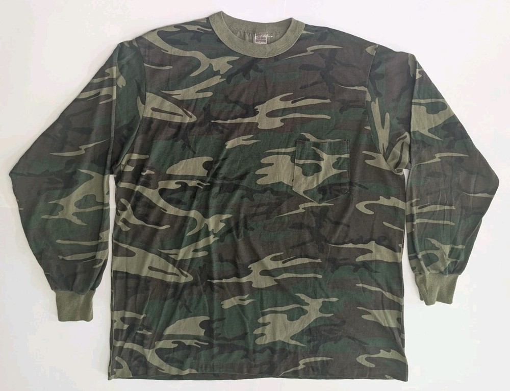 Vintage 70s Ranger Camo Shirt Mens XL Camouflage USA Long Sleeve Pocket T-Shirt