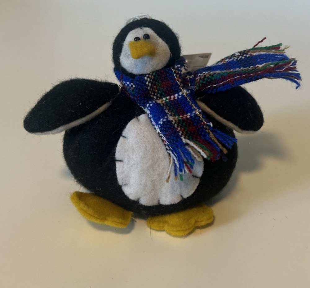 Vintage Holiday Plush Weighted Penguin Felt Ornament by Carlton Cards