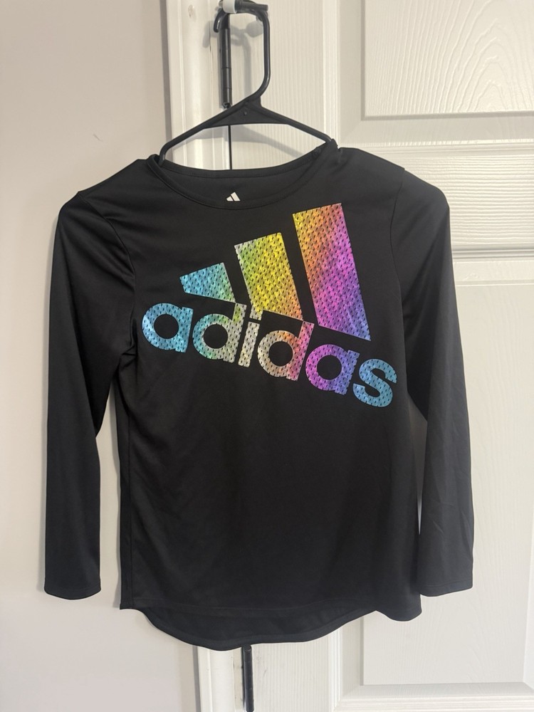 adidas Girls Black Multicolor Logo Graphic Long Sleeve T-Shirt M 10/12 Polyester