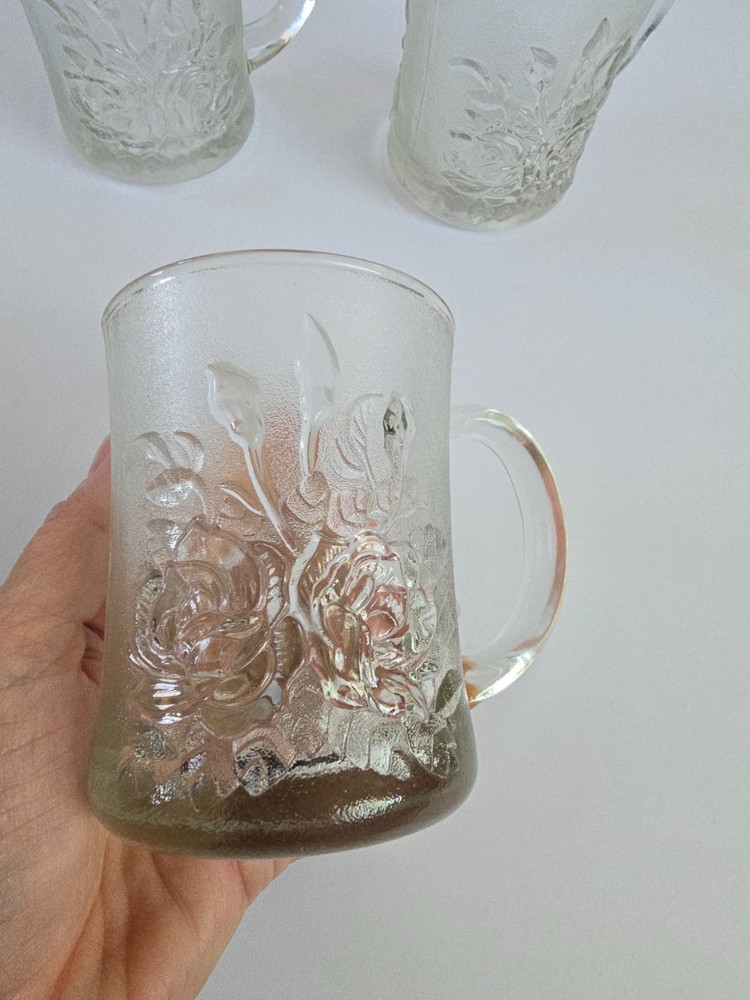 Vintage Pasari Livia Frosted Rose Glass Mugs from Indonesia Embossed Rose Set-3