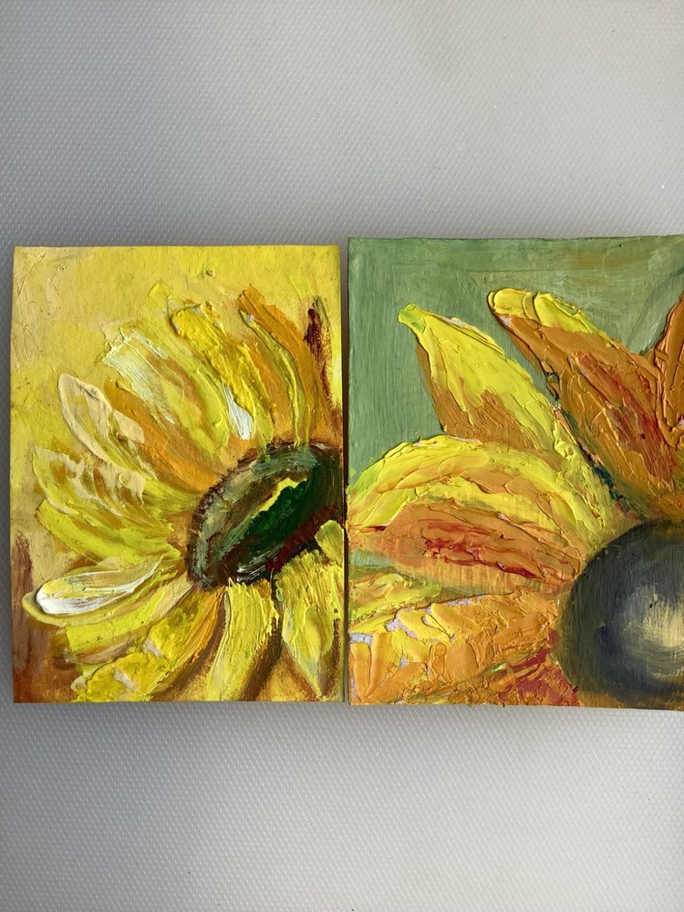 Set of 2 ACEO Original Paintings Sunflower Floral Art Heavy Impasto Textured OOA