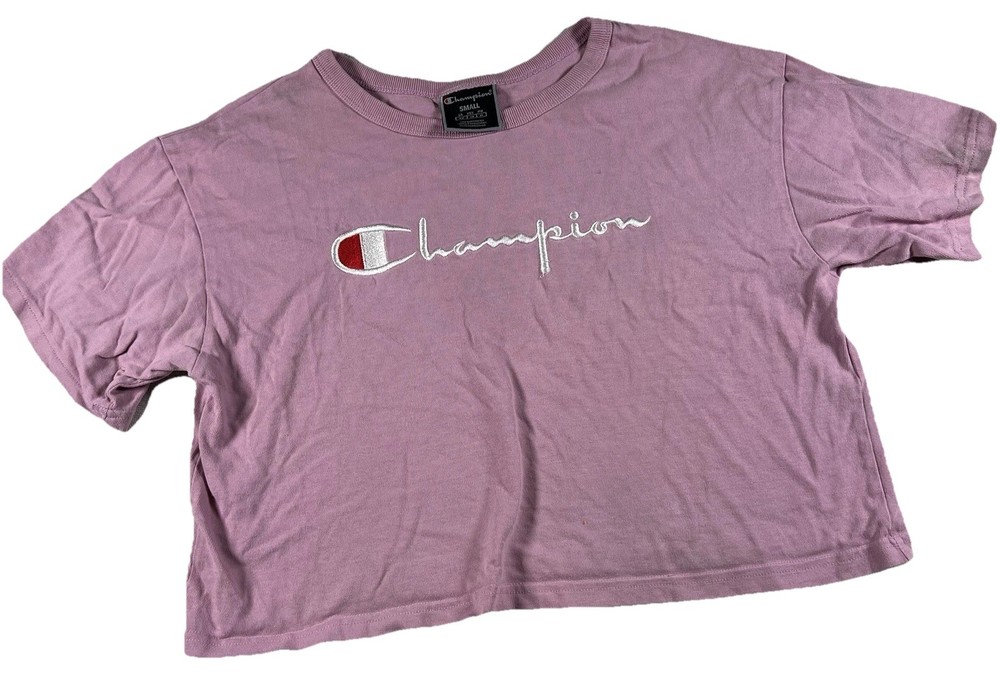Champion Shirt Women's Small Mauve/Pink White Short Sleeve Crop Tee Embroidered