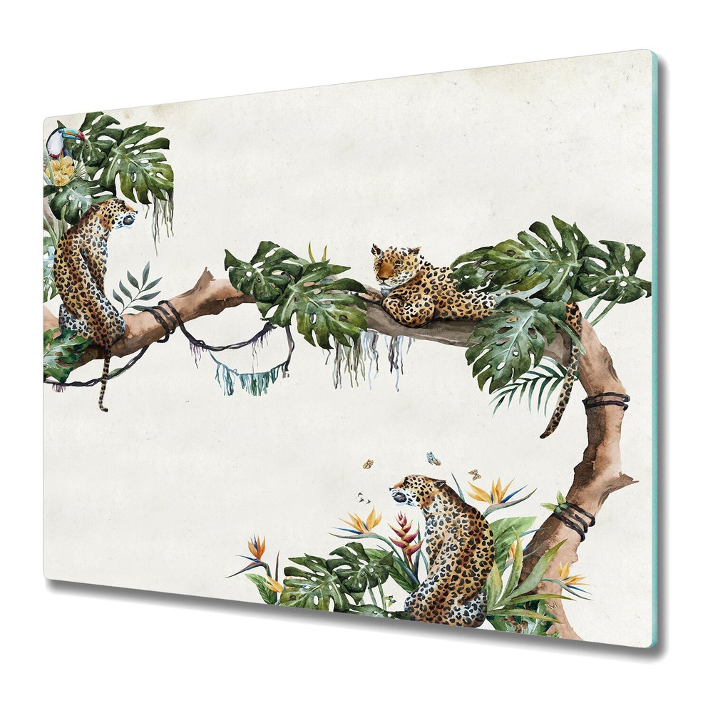 Glass Surface Protector Worktop saver Tropical Cheetahs Floral Watercolour 60x52