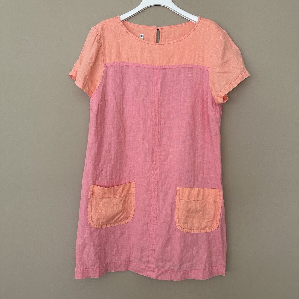 Uncle Frank Women L 100% Linen Dress Pockets Peach Pink Shifty Patchwork Block