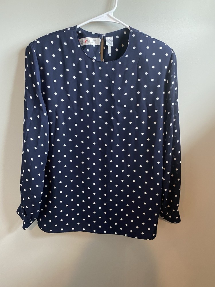 Chaus Vintage Navy White Polka Dot Crewneck Long Sleeve Top Size 10