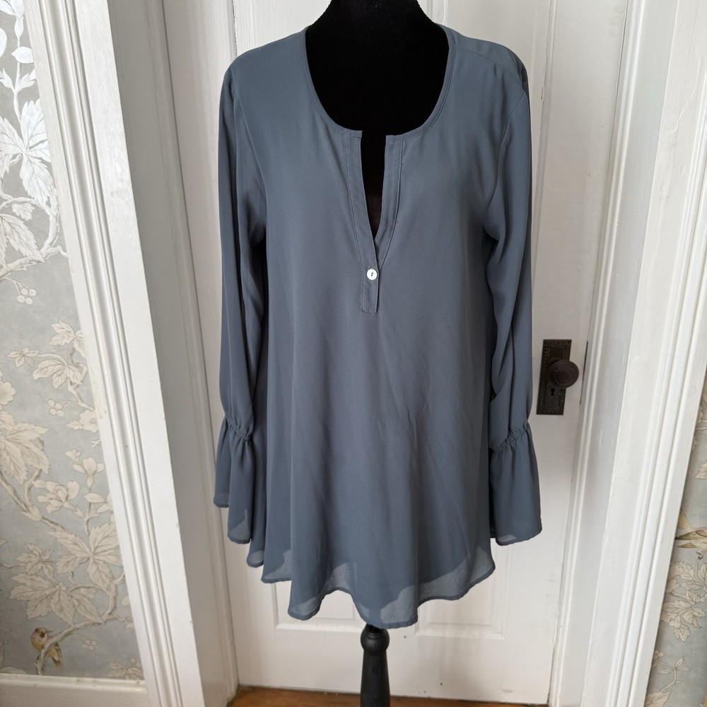 Show Me Your Mumu Blue Chiffon Perveen Tunic Sheer Split Neck Bell Sleeve XL