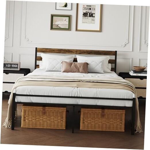 Metal Platform Bed Frame with Headboard Size Bed Frame Queen Walnut Colour