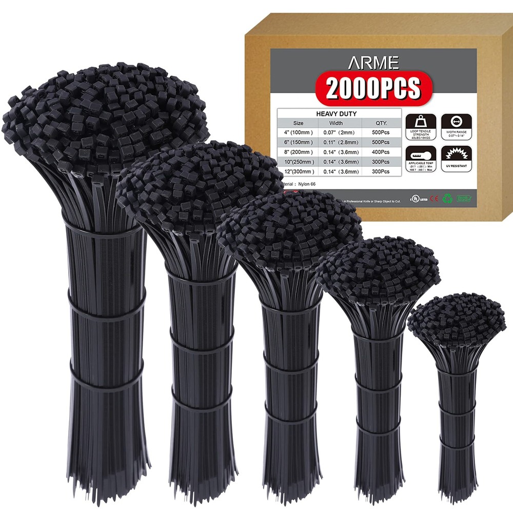 Heavy Duty Zip Ties，2000 QTY/Pack Black Cable Zip Ties, Cable Zip Ties Nylon ...