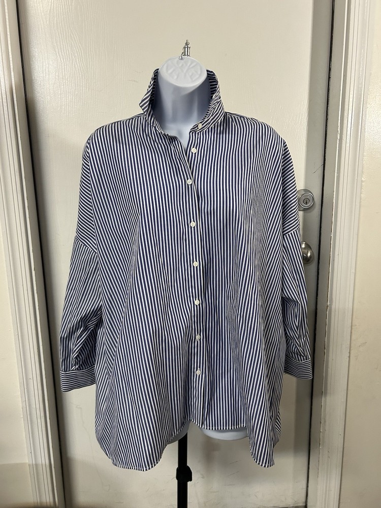 Oversized Zara Blue White Striped Collared Button-Up Shirt Women’s XS
